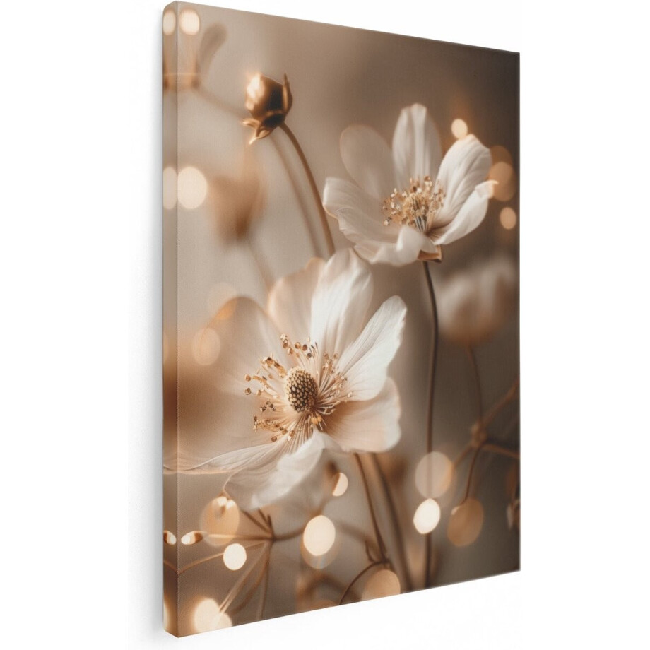 Artaza Canvas Schilderij Witte Bloemen met Bokehlichten - 90x120 cm - Wanddecoratie Woonkamer - Schilderijen - Muurdecoratie afbeelding 1