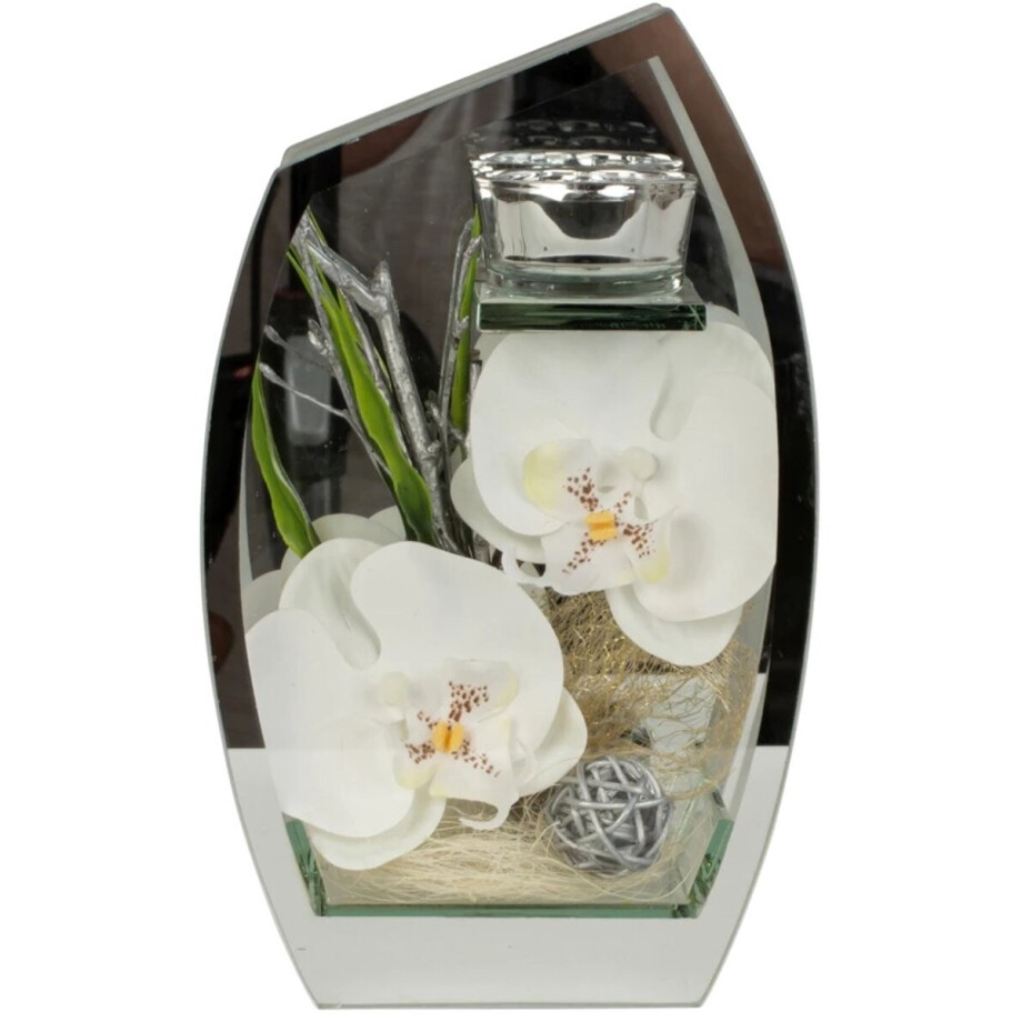 Glazen decoratie met witte orchideeën en theelichtje afbeelding 1