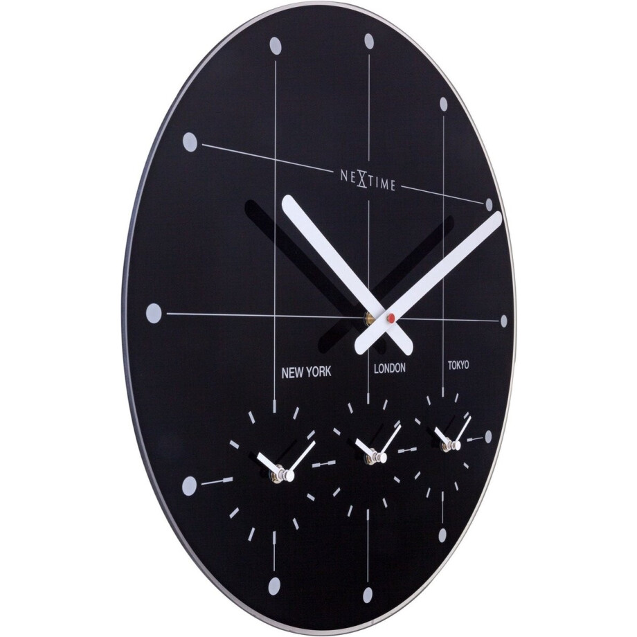 NeXtime Big City – Wereldtijden Wandklok – 43 cm – Glas – Zwart – Stil afbeelding 1