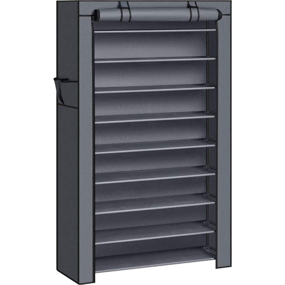 Schoenenrek met 10 niveaus, 28 x 88 x 160 cm, schoenenkast, schoenenopberger, met stofkap, schoenenopberger, voor hoge hakken, sportschoenen, metalen frame, grijs RXJ36G afbeelding 1