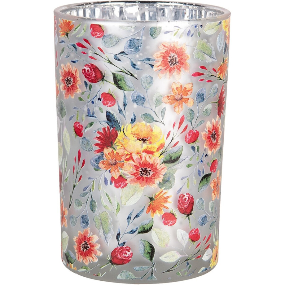 Clayre & Eef Theelichthouder Ø 12x18 cm Grijs Glas Bloemen afbeelding 1