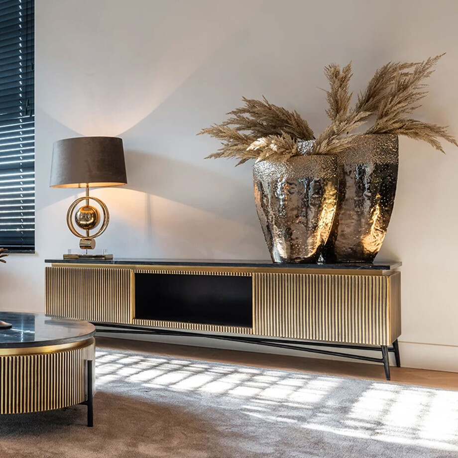 Richmond TV-meubel 'Ironville' 170cm, kleur goud / zwart marmer Richmond TV-meubel 'Ironville' 170cm, kleur goud / zwart marmer afbeelding