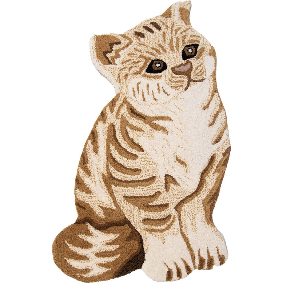 Clayre & Eef Vloerkleed Kat 60x90 cm Wit Bruin Wol Tapijt Clayre & Eef Vloerkleed Kat 60x90 cm Wit Bruin Wol Tapijt afbeelding 1