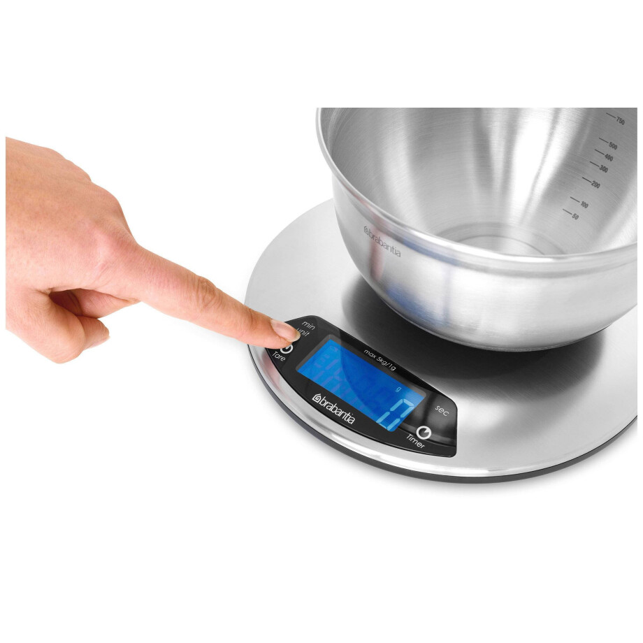 Brabantia Profile keukenweegsschaal digitaal, op batterijen, met kookwekker - Matt Steel Brabantia Profile keukenweegsschaal digitaal, op batterijen, met kookwekker - Matt Steel afbeelding