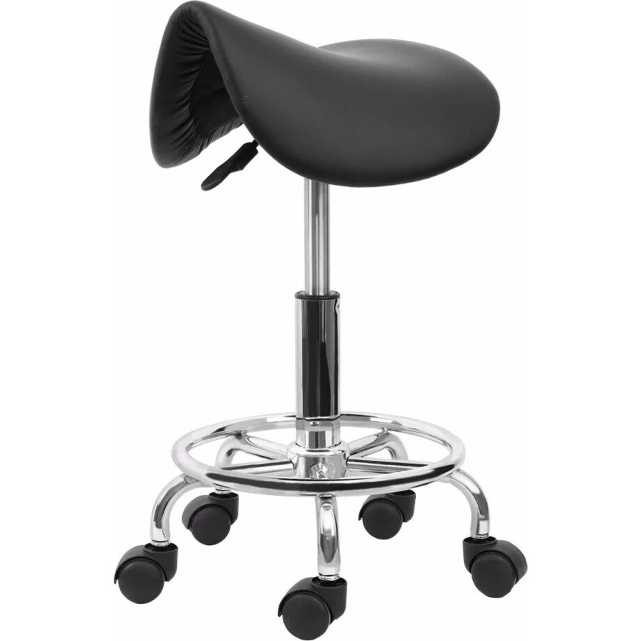 Bloominggoods® Ergonomische Zadelkruk Op Wielen – Verstelbare Kapperskruk – Ergonomische Werkkruk – Zadelstoel - Tot 150kg - 360 Graden Draaibaar - Zwart afbeelding 1