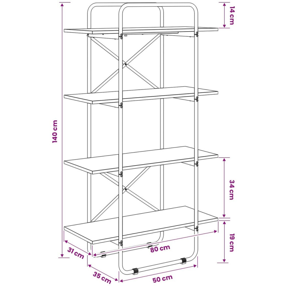 vidaXL - Boekenplank - 4-laags - 80 - x - 35 - x - 140 - cm - PB - Zwart - eiken afbeelding 1