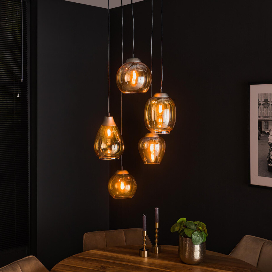 LifestyleFurn Hanglamp 'Francesco' 5-lamps, Glas, kleur Amber LifestyleFurn Hanglamp 'Francesco' 5-lamps, Glas, kleur Amber afbeelding 1