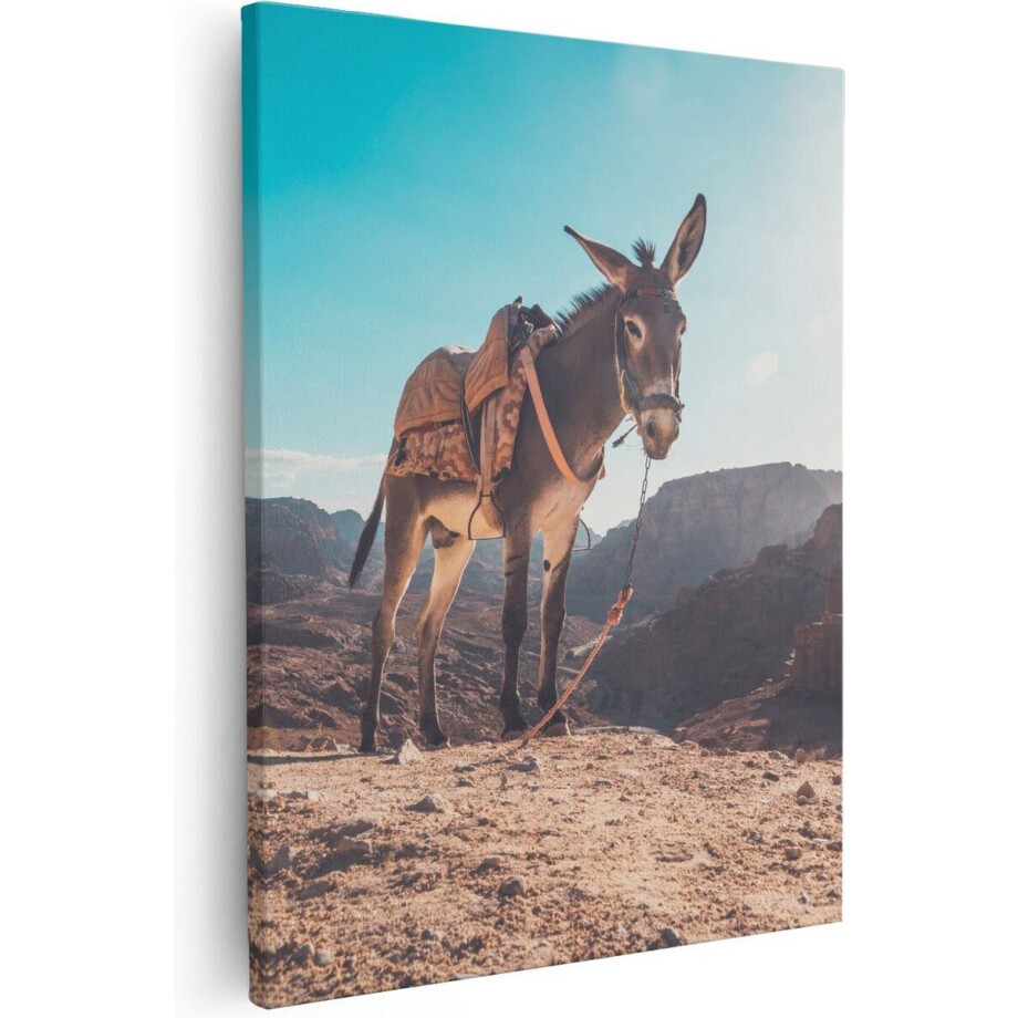 Artaza - Canvas Schilderij - Ezel In De Woestijn Met Helder Blauw Lucht - 40x50 - Foto Op Canvas - Canvas Print afbeelding 1