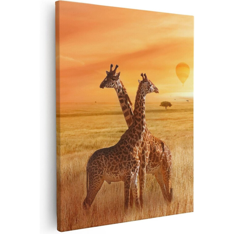 Artaza Canvas Schilderij Giraffe - 80x100 cm - Groot - Wanddecoratie Afrika - Muurdecoratie Zonsondergang - Schilderijen Dieren afbeelding 1