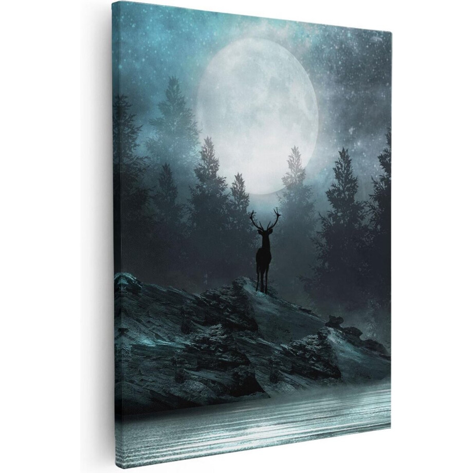 Artaza Canvas Schilderij Hert Op Een Rots Tijdens Volle Maan - 80x100 - Groot - Foto Op Canvas - Canvas Print afbeelding 1