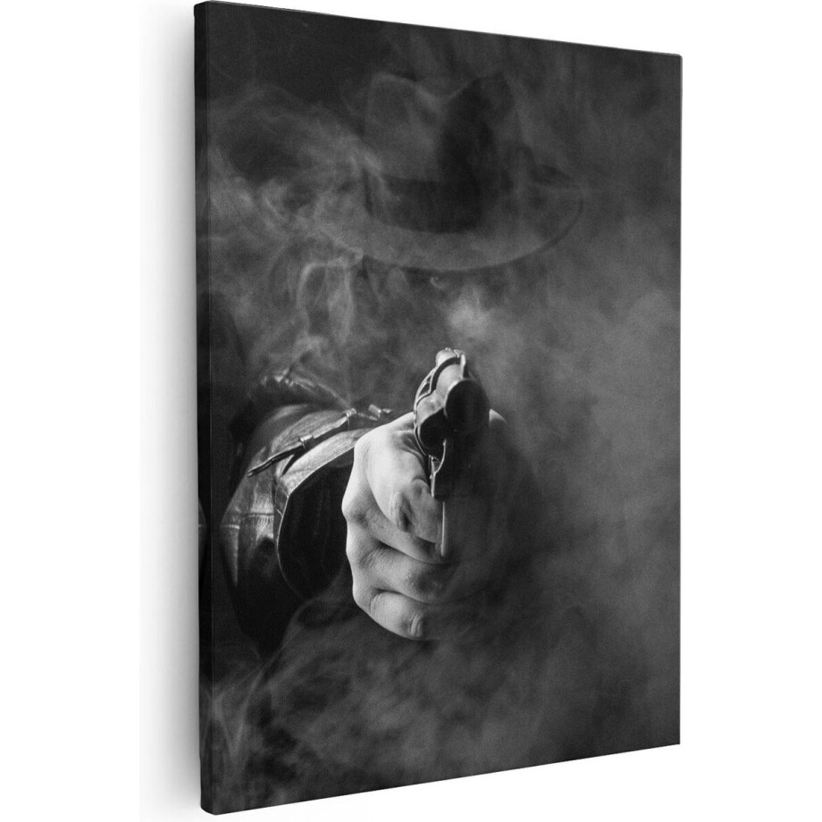 Artaza - Canvas Schilderij - Man Met Een Hoed Trekt Zijn Pistool - Zwart Wit - 80x100 - Groot - Foto Op Canvas - Canvas Print afbeelding 1