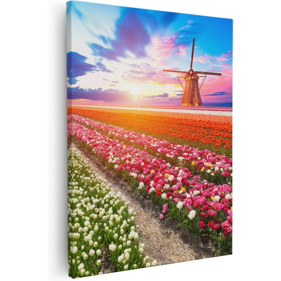 Artaza Canvas Schilderij Molen - 40x50 cm - Wanddecoratie Tulpenveld - Muurdecoratie Bloemen - Kamer Accessoires Zonsondergang afbeelding 1