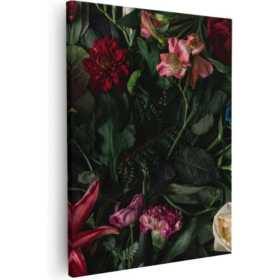 Artaza Canvas Schilderij Kleurrijke Bloemen Met Groene Bladeren - 80x100 - Groot - Foto Op Canvas - Canvas Print afbeelding 1