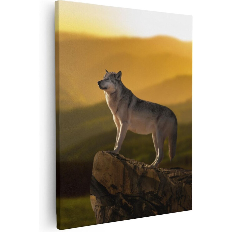 Artaza Canvas Schilderij Wolf - 80x100 cm - Groot - Wanddecoratie Bergen - Muurdecoratie Zonsondergang - Schilderijen Dieren afbeelding 1