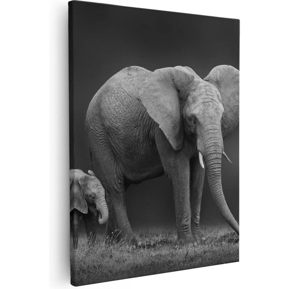 Artaza Canvas Schilderij Olifant Moeder En Zoon - Zwart Wit - 80x100 - Groot - Foto Op Canvas - Canvas Print afbeelding 1