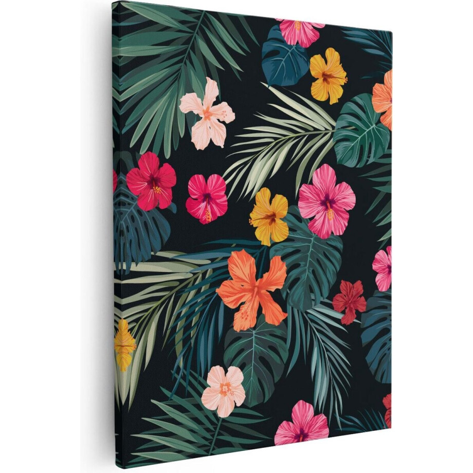 Artaza Canvas Schilderij Tropische Bloemen - 80x100 cm - Groot - Wanddecoratie Botanisch - Muurdecoratie Bladeren - Schilderijen Op Canvas afbeelding 1