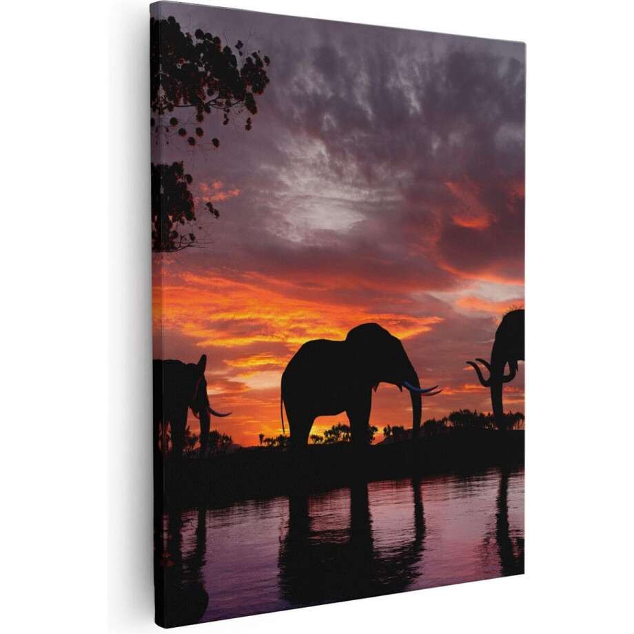 Artaza Canvas Schilderij Olifant - 80x100 cm - Groot - Wanddecoratie Zonsondergang - Muurdecoratie Afrika - Schilderijen Op Canvas afbeelding 1