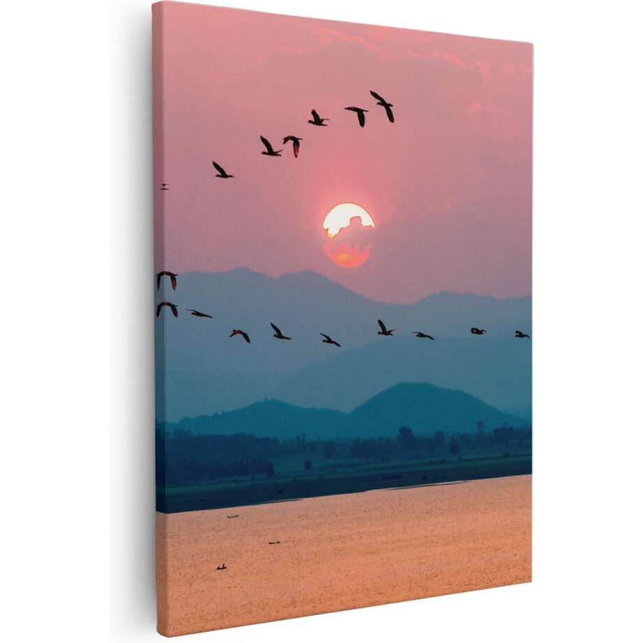 Artaza Canvas Schilderij Silhouet Van Zwerm Vogels Bij Zonsondergang - 80x100 - Groot - Foto Op Canvas - Canvas Print afbeelding 1