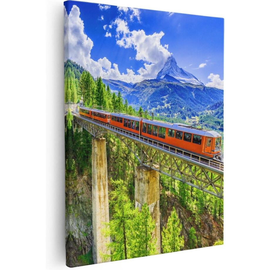 Artaza - Canvas Schilderij - Trein op een Brug bij een Waterval in Zwitserland - 40x50 - Foto Op Canvas - Canvas Print afbeelding 1