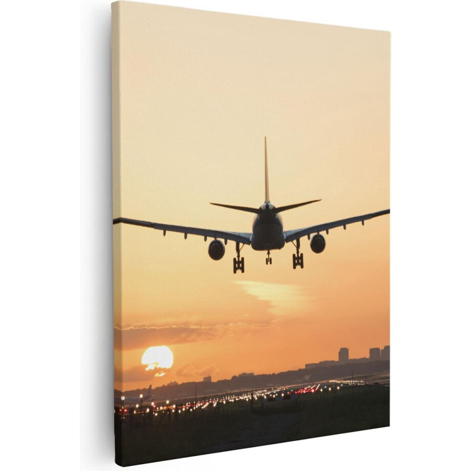 Artaza - Canvas Schilderij - Vliegtuig Landt Tijdens Zonsondergang - 80x100 - Groot - Foto Op Canvas - Canvas Print afbeelding 1