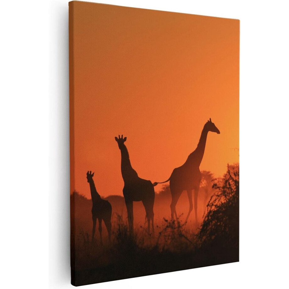 Artaza - Canvas Schilderij - Drie Giraffe Silhouetten Bij Zonsondergang - 80x100 - Groot - Foto Op Canvas - Canvas Print afbeelding 1