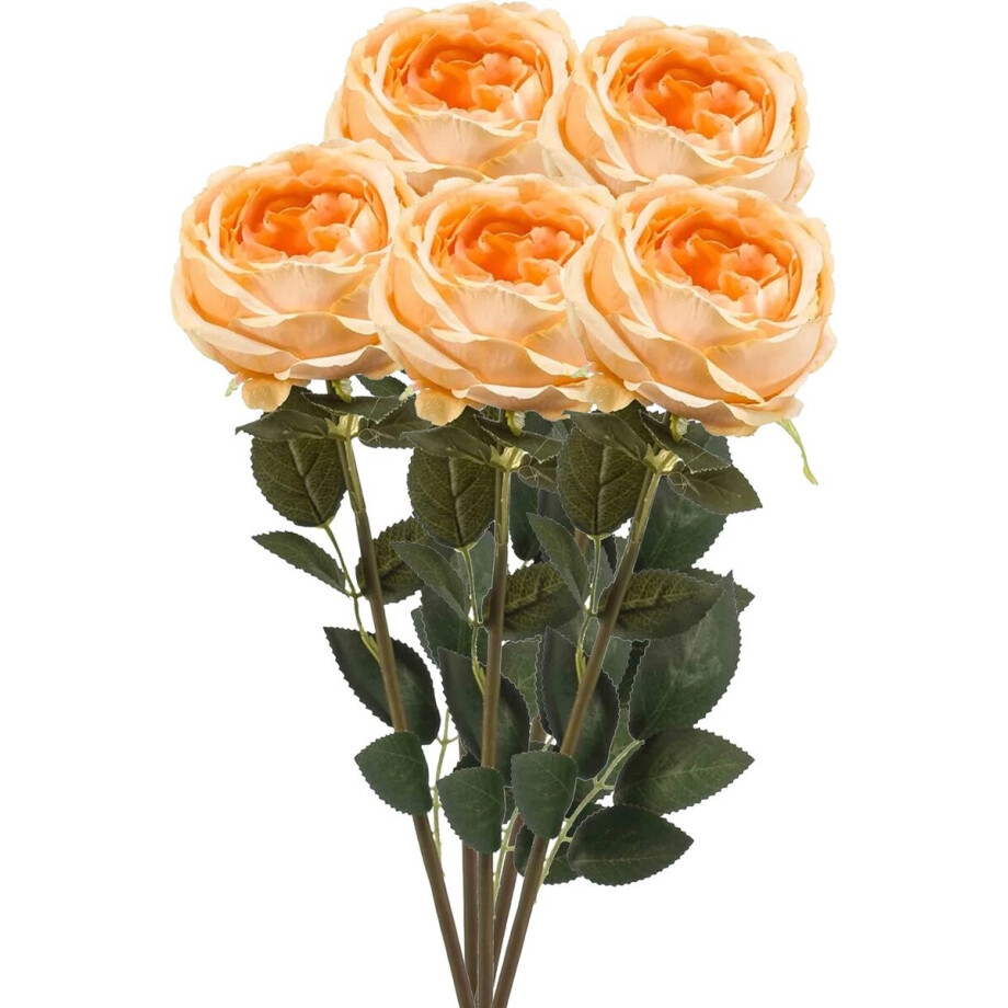 Emerald Kunstbloem roos Joelle - 5x - pastel oranje - 65 cm - decoratie bloemen afbeelding 1