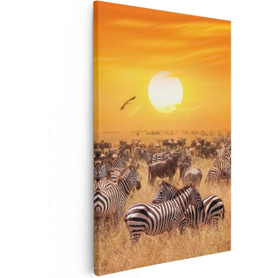 Artaza Canvas Schilderij Kudde Zebra's Bij Een Oranje Zonsondergang - 80x120 - Groot - Foto Op Canvas - Canvas Print afbeelding 1