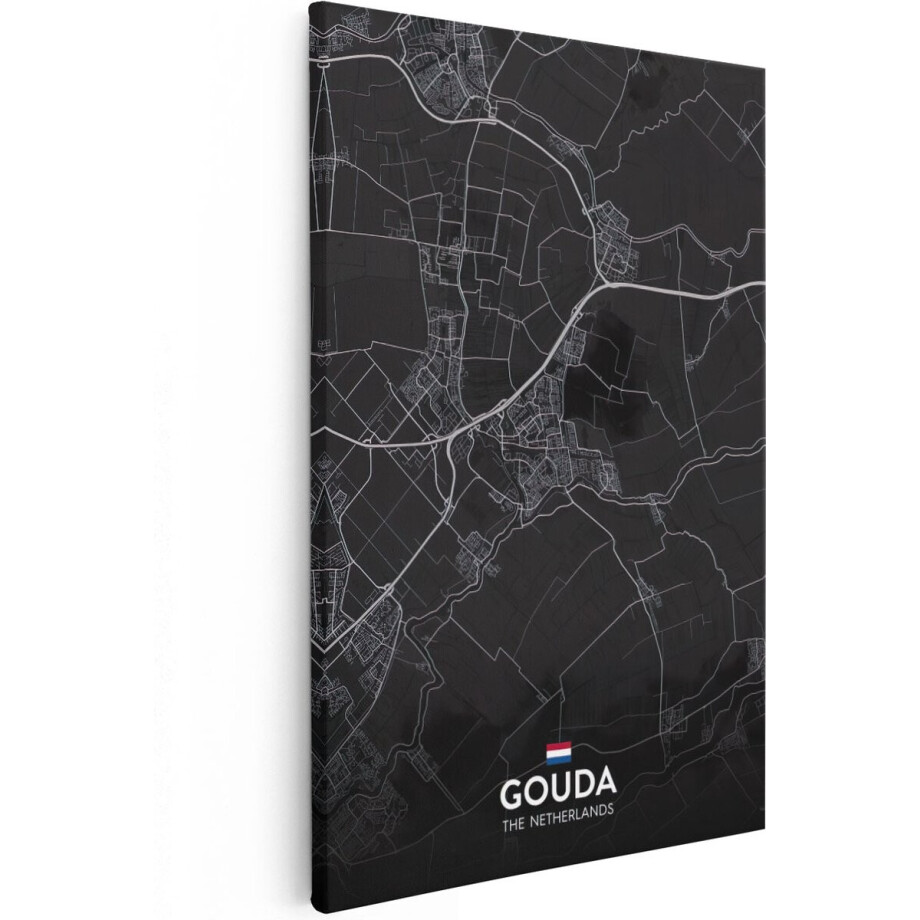 Artaza Canvas Schilderij Stadskaart Gouda in het Zwart - 60x90 cm - Wanddecoratie Woonkamer - Schilderijen - Muurdecoratie afbeelding 1