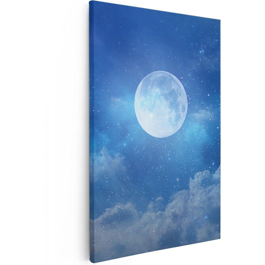 Artaza Canvas Schilderij Volle Maan in de Blauwe Hemel met Sterren - 20x30 - Klein - Foto Op Canvas - Canvas Print afbeelding 1