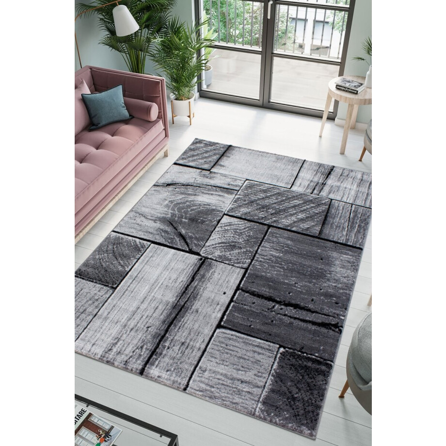 Flycarpets Jaden Modern Vloerkleed Muur - Grijs / Zwart - 200x290 cm - Laagpolig Tapijt Woonkamer Flycarpets Jaden Modern Vloerkleed Muur - Grijs / Zwart - 200x290 cm - Laagpolig Tapijt Woonkamer afbeelding 1