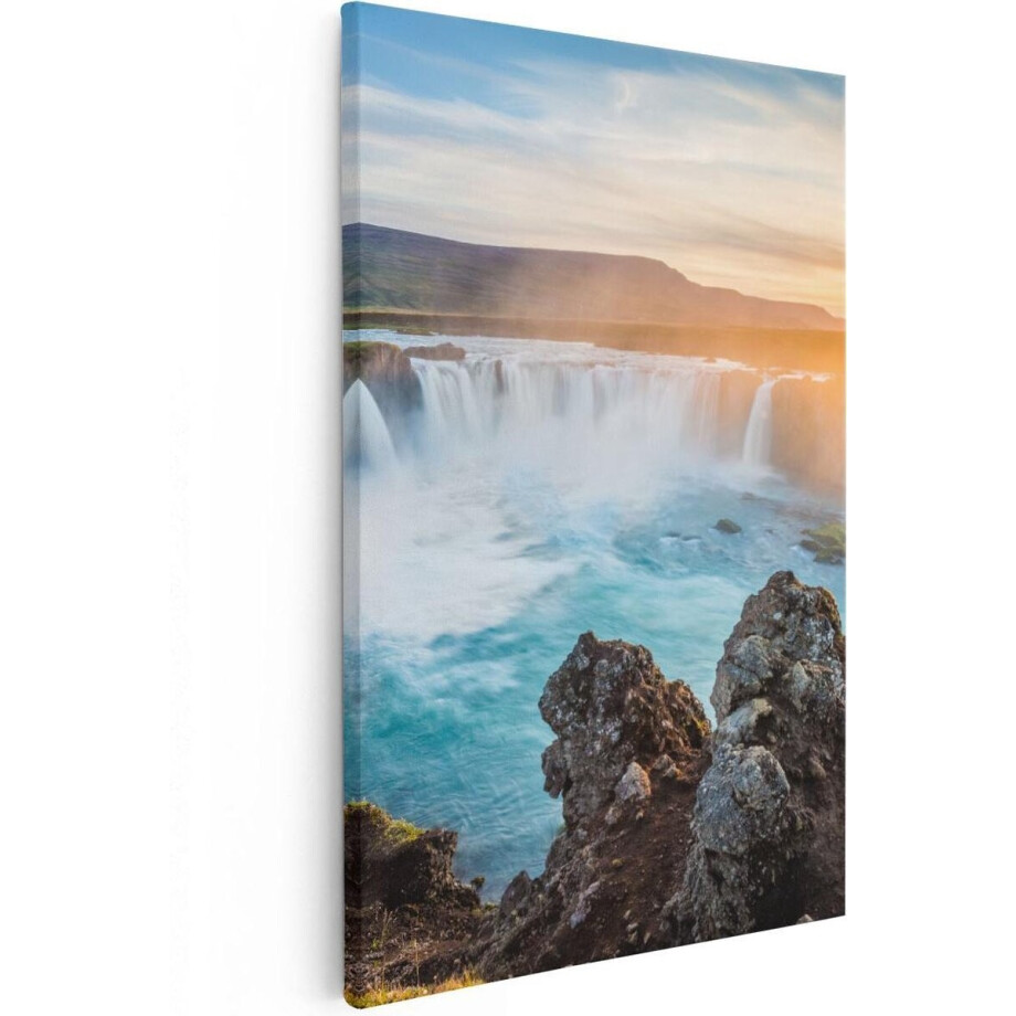 Artaza Canvas Schilderij Waterval - 60x90 cm - Wanddecoratie Natuur - Muurdecoratie Zonsondergang - Schilderij Landschap IJsland afbeelding 1