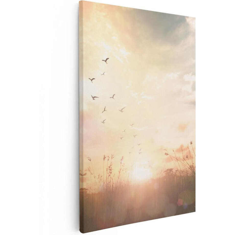 Artaza Canvas Schilderij Zonsondergang - 60x90 cm - Wanddecoratie Vogels - Muurdecoratie Natuur - Schilderijen Op Canvas Landschap afbeelding 1