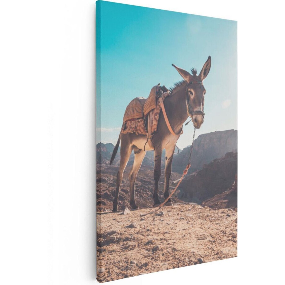 Artaza Canvas Schilderij Ezel In De Woestijn Met Helder Blauw Lucht - 60x90 cm - Wanddecoratie Woonkamer - Schilderijen - Muurdecoratie afbeelding 1