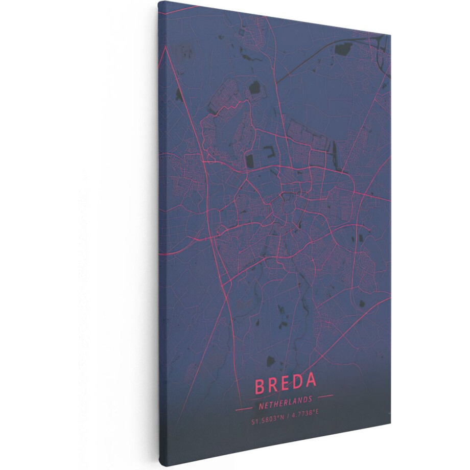 Artaza Canvas Schilderij Stadskaart Breda in het Rood en Zwart - 80x120 - Groot - Muurdecoratie - Canvas Print afbeelding 1