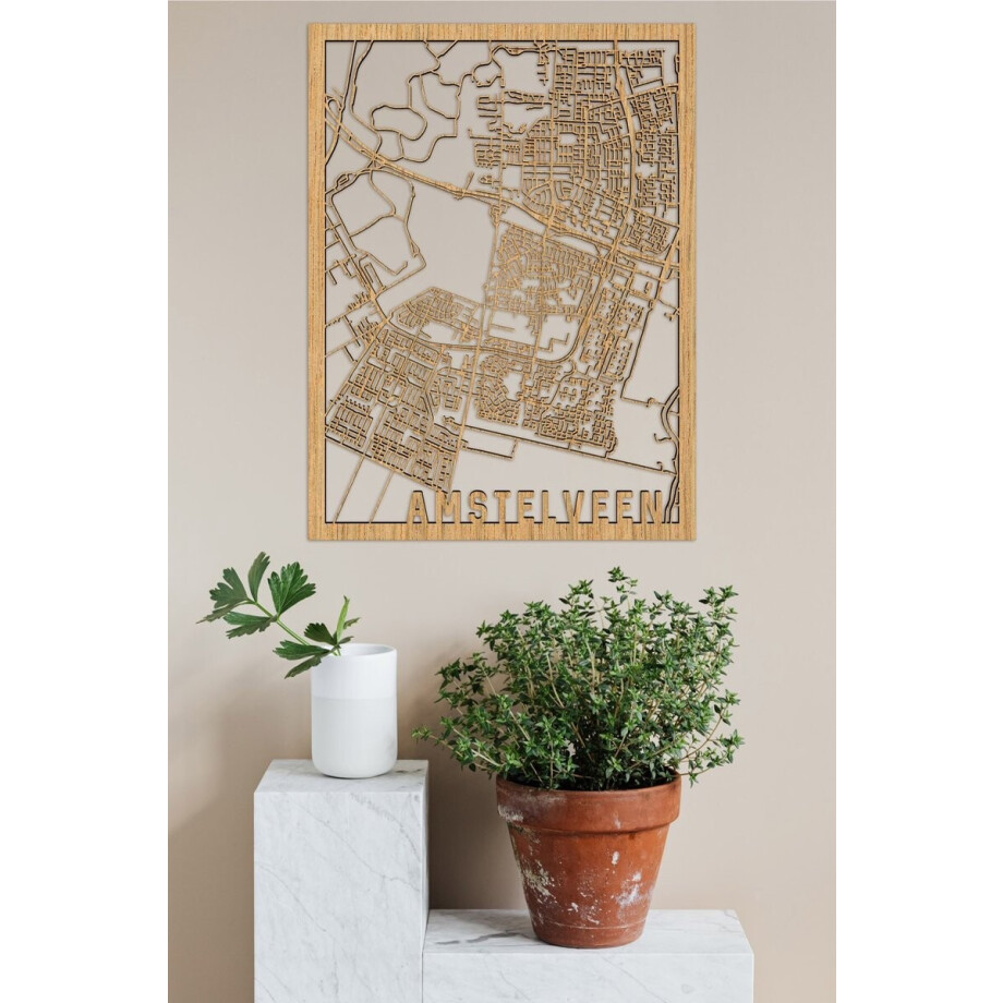 Houten Stadskaart Amstelveen Eikenhout 30x40cm Wanddecoratie Voor Aan De Muur City Shapes afbeelding 1