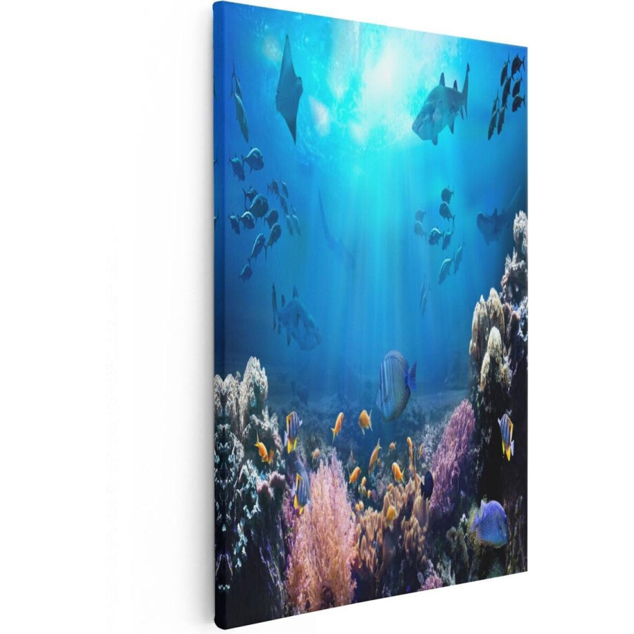 Artaza Canvas Schilderij Vissen met Haaien in de Oceaan met Koraalrif - 80x120 - Groot - Foto Op Canvas - Canvas Print afbeelding 1