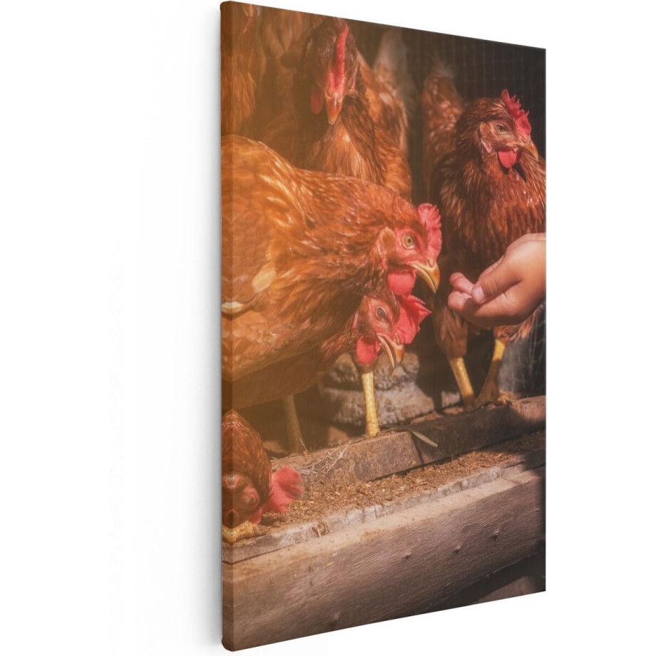 Artaza Canvas Schilderij Kippen Krijgen te Eten - 40x60 cm - Wanddecoratie Slaapkamer - Poster Schilderijen - Muurdecoratie afbeelding 1
