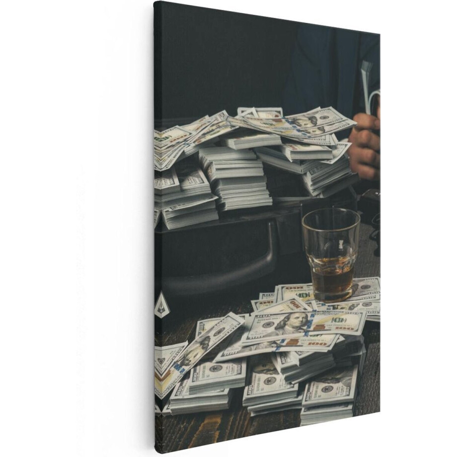 Artaza Canvas Schilderij Geld - 80x120 cm - Groot - Wanddecoratie Maffia - Muurdecoratie Whiskey - Kamer Accessoires Gangster afbeelding 1
