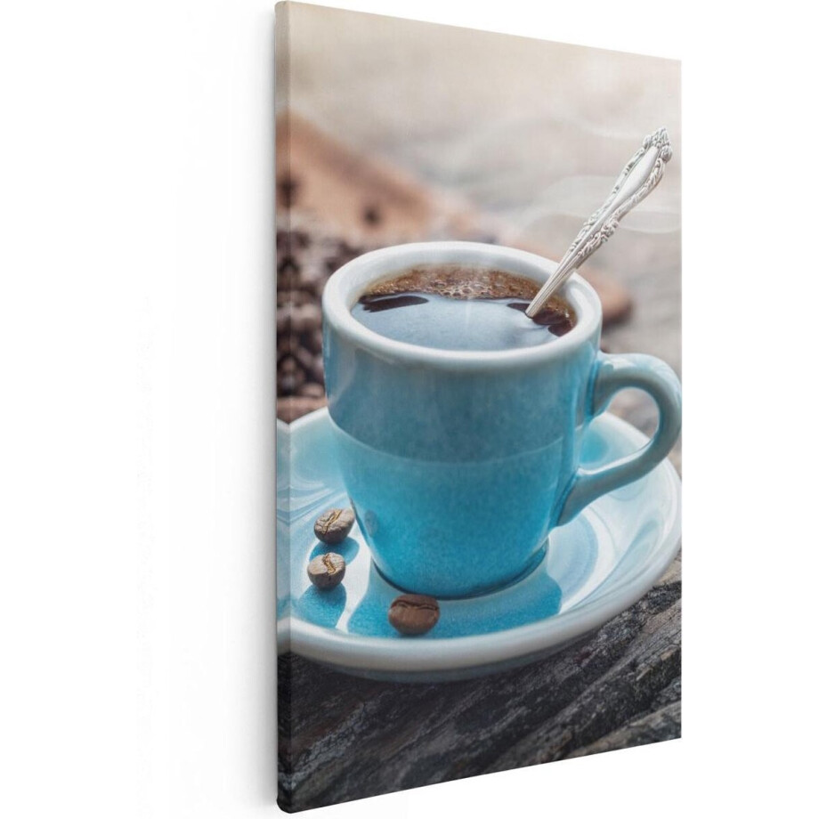 Artaza Canvas Schilderij Blauw Kopje Koffie Met Koffiebonen - 40x60 - Poster Foto op Canvas - Canvas Print afbeelding 1
