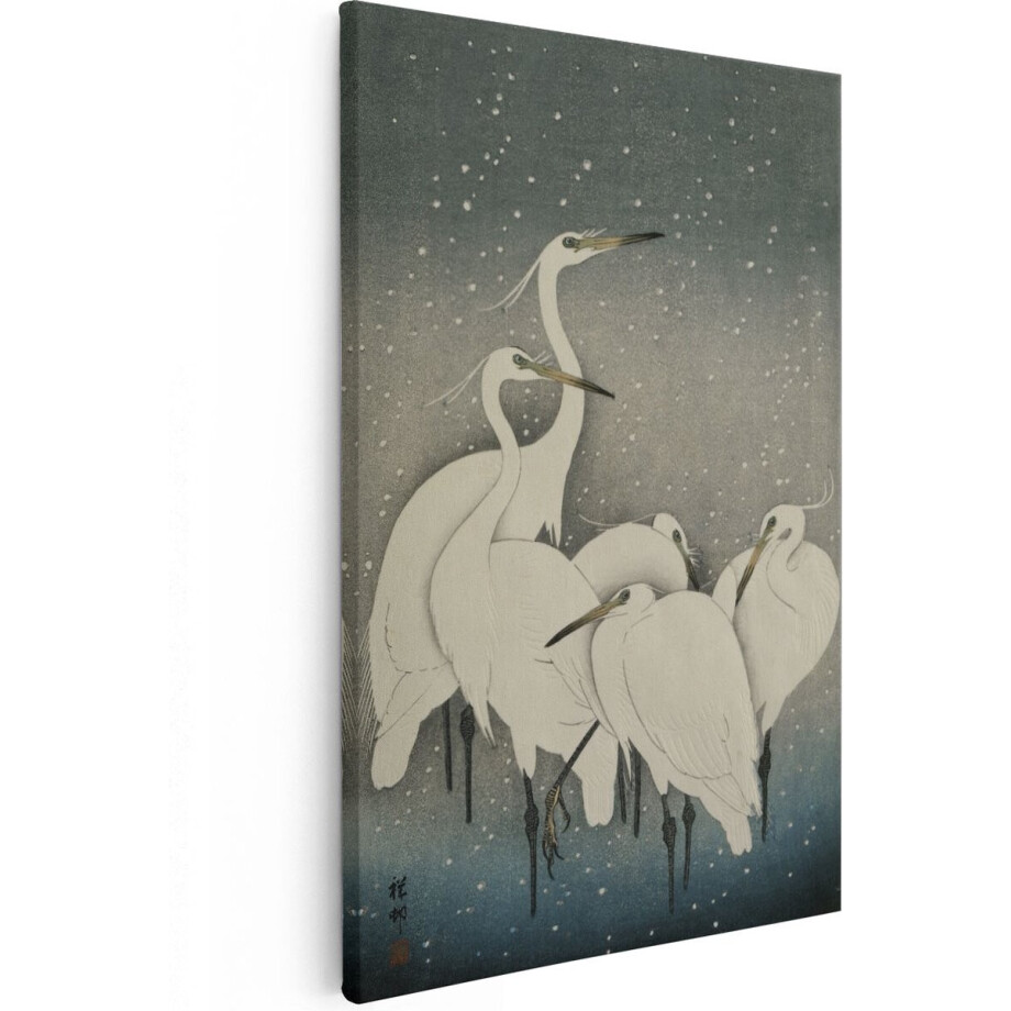Artaza Canvas Schilderij Zilverreigers in de Sneeuw - Ohara Koson - 80x120 - Groot - Kunst - Wanddecoratie Woonkamer afbeelding 1