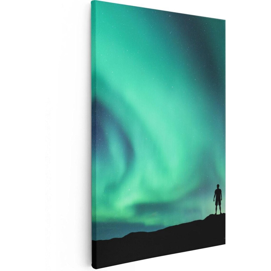 Artaza Canvas Schilderij Man bij het Groene Noorderlicht - 20x30 - Klein - Foto Op Canvas - Canvas Print afbeelding 1