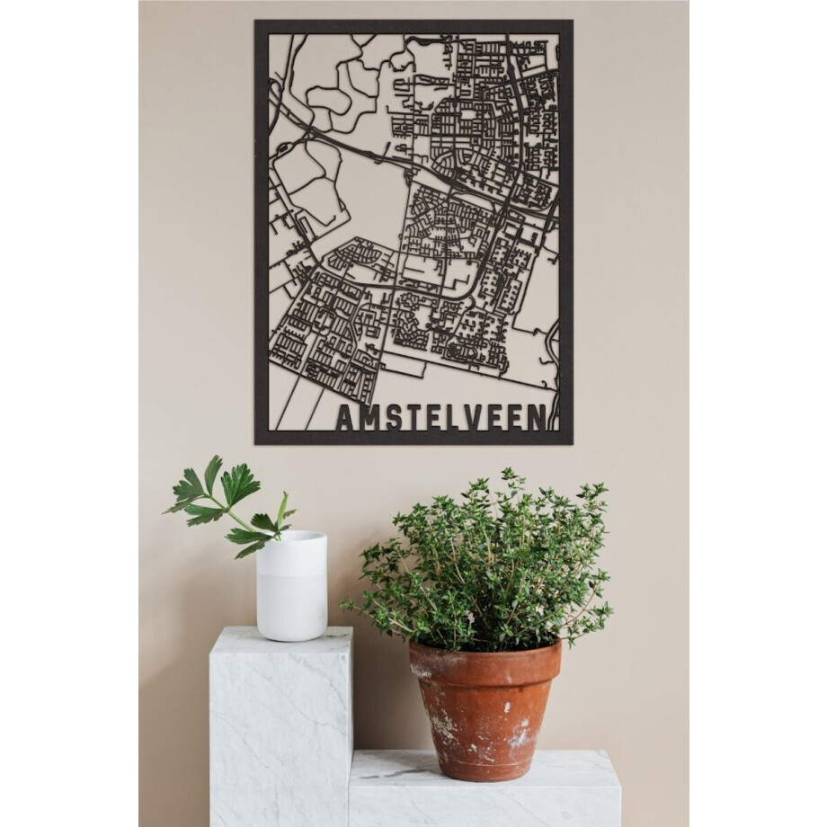 Houten Stadskaart Amstelveen Zwart Mdf 50x70cm Wanddecoratie Voor Aan De Muur City Shapes afbeelding 1