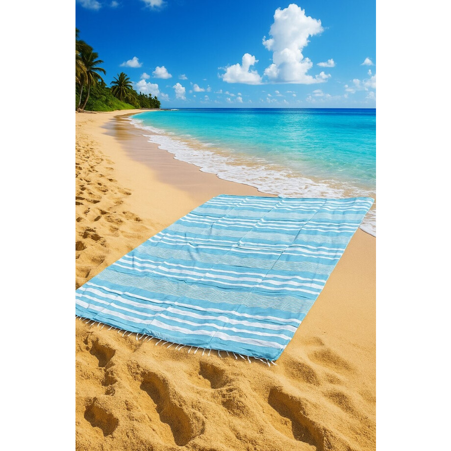 Luxe XXL 235 x 220cm Hamamdoek- XXL Groot Vakantie Strandlaken -tweepersoons Strandkleed - Katoenmix - Turqouise Wit Gestreept aesthetic - Sneldrogende Strandlakens - Bedsprei extra groot Luxe XXL 235 x 220cm Hamamdoek- XXL Groot Vakantie Strandlaken -tweepersoons Strandkleed - Katoenmix - Turqouise Wit Gestreept aesthetic - Sneldrogende Strandlakens - Bedsprei extra groot afbeelding 1