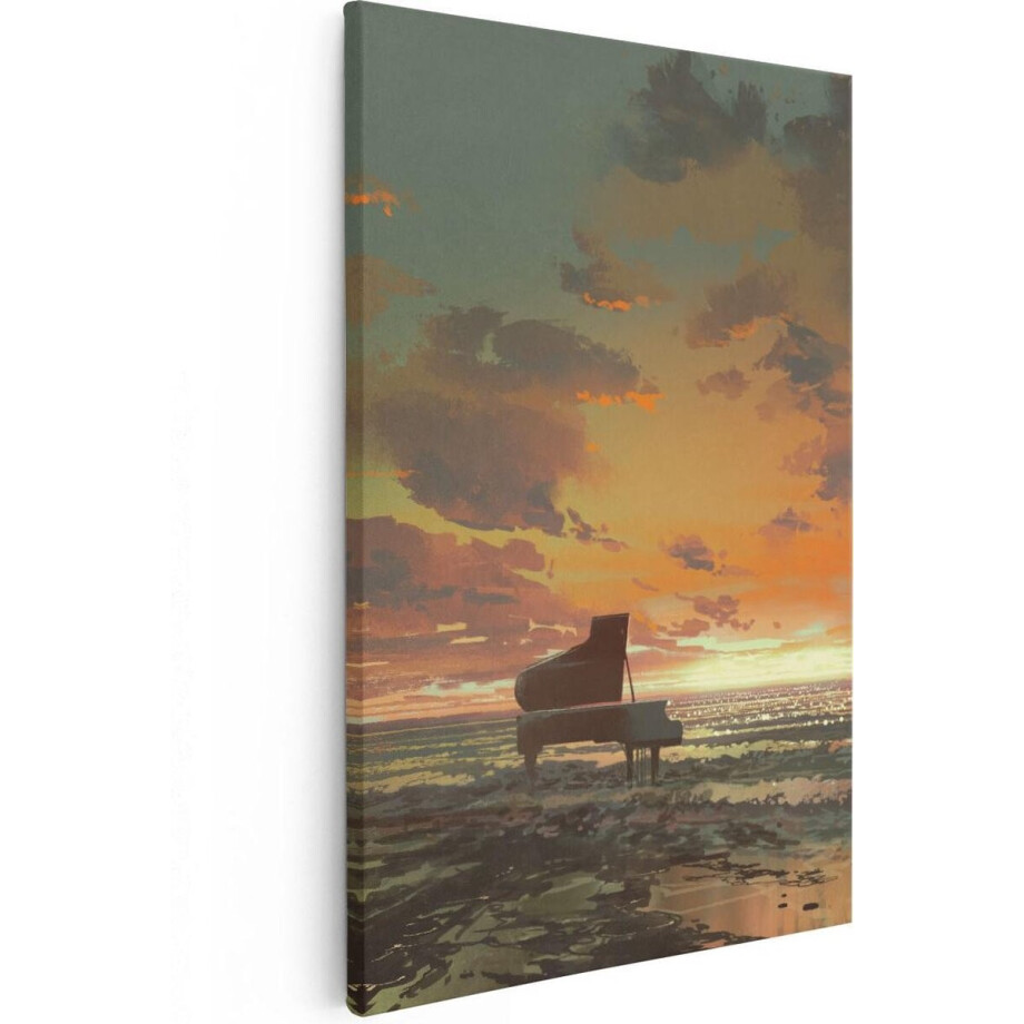Artaza Canvas Schilderij Piano Zonsondergang - 60x90 cm - Wanddecoratie Strand - Muurdecoratie Zee - Schilderijen Op Canvas afbeelding 1