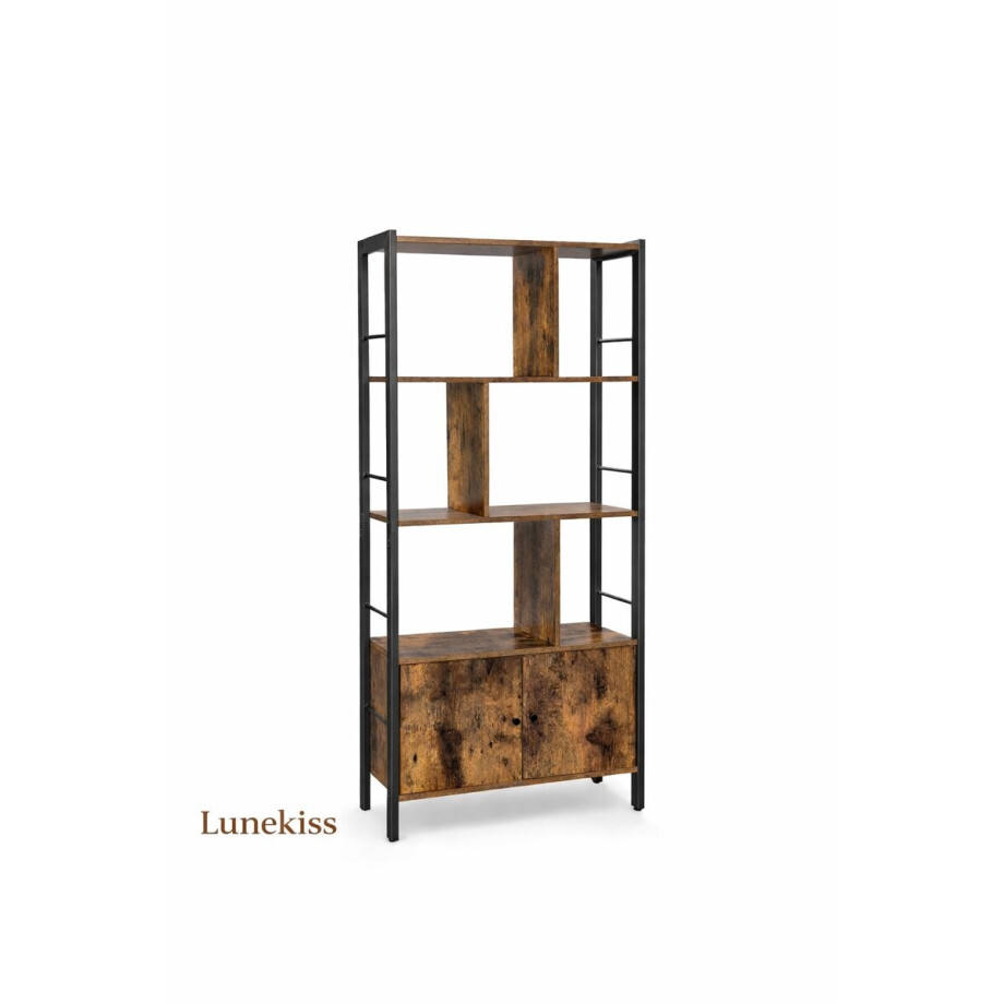 Lunekiss Boekenkast met Deuren en Open Planken – Industrieel Stalen Rek – Staande Kast 74x30x154,5 cm – Bruin afbeelding 1
