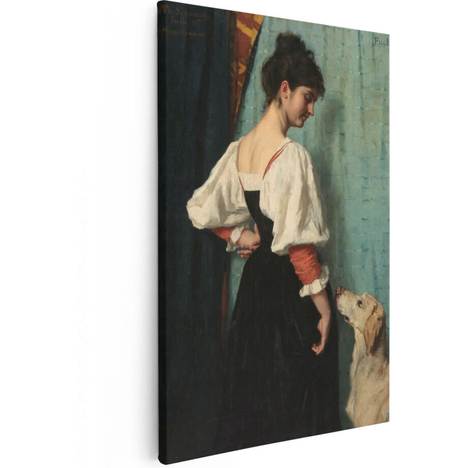 Artaza Canvas Schilderij Vrouw Met Hond - 60x90 cm - Wanddecoratie Portret - Muurdecoratie Klassiek - Schilderijen Op Canvas afbeelding 1