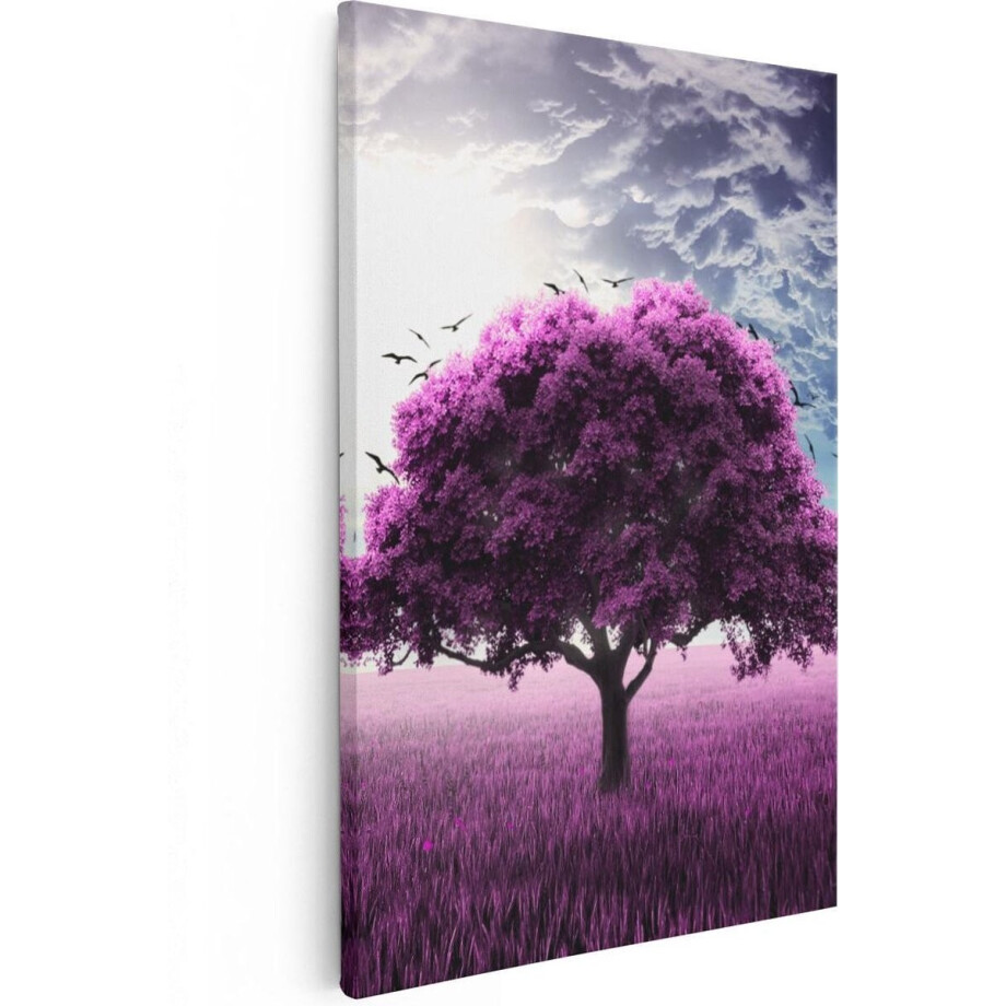 Artaza Canvas Schilderij Boom - 80x120 cm - Groot - Wanddecoratie Landschap - Muurdecoratie Natuur - Schilderijen Woonkamer - Paars afbeelding 1