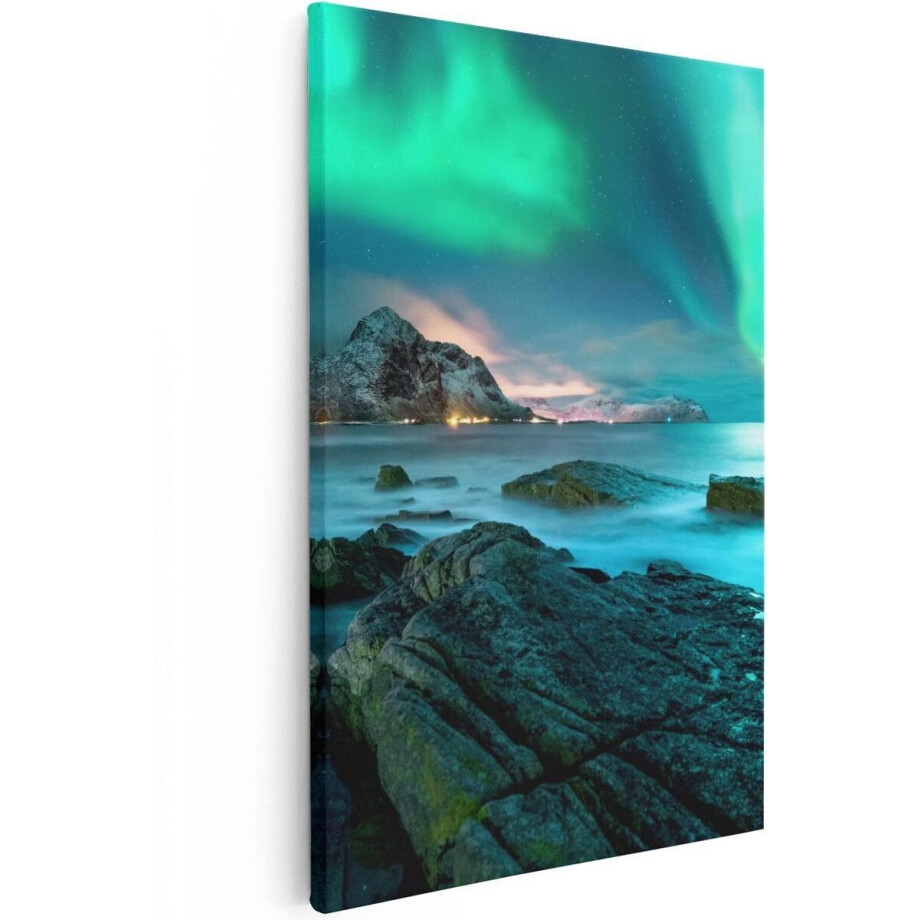 Artaza Canvas Schilderij Noorderlicht boven het Water bij Rotsen - 20x30 - Klein - Foto Op Canvas - Canvas Print afbeelding 1