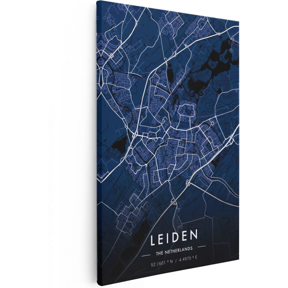 Artaza Canvas Schilderij Stadskaart Leiden in het Blauw - 80x120 - Groot - Muurdecoratie - Canvas Print afbeelding 1