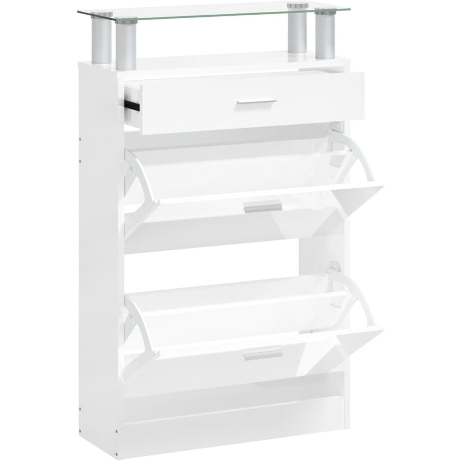 vidaXL - Schoenenkast - 63x24x104 - cm - bewerkt - hout - hoogglans - wit vidaXL - Schoenenkast - 63x24x104 - cm - bewerkt - hout - hoogglans - wit afbeelding 1